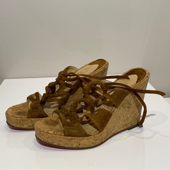 Christian Louboutin Wedge Slingback Sandals 8.5 Red Sole Cork Adjustable Strap - Picture 5 of 9